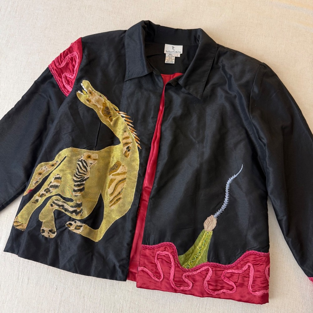 The Travel Collection Silk Blend Embroidered Animal Applique Jacket Black Red L